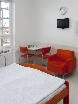 A patient room in a modern hospital.