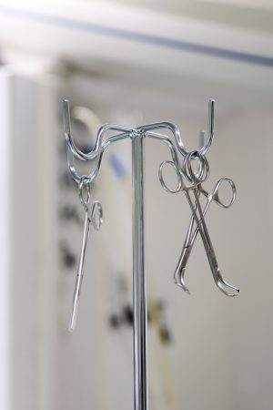 Instruments on a metal stand in an operating theatre in a new hospital.